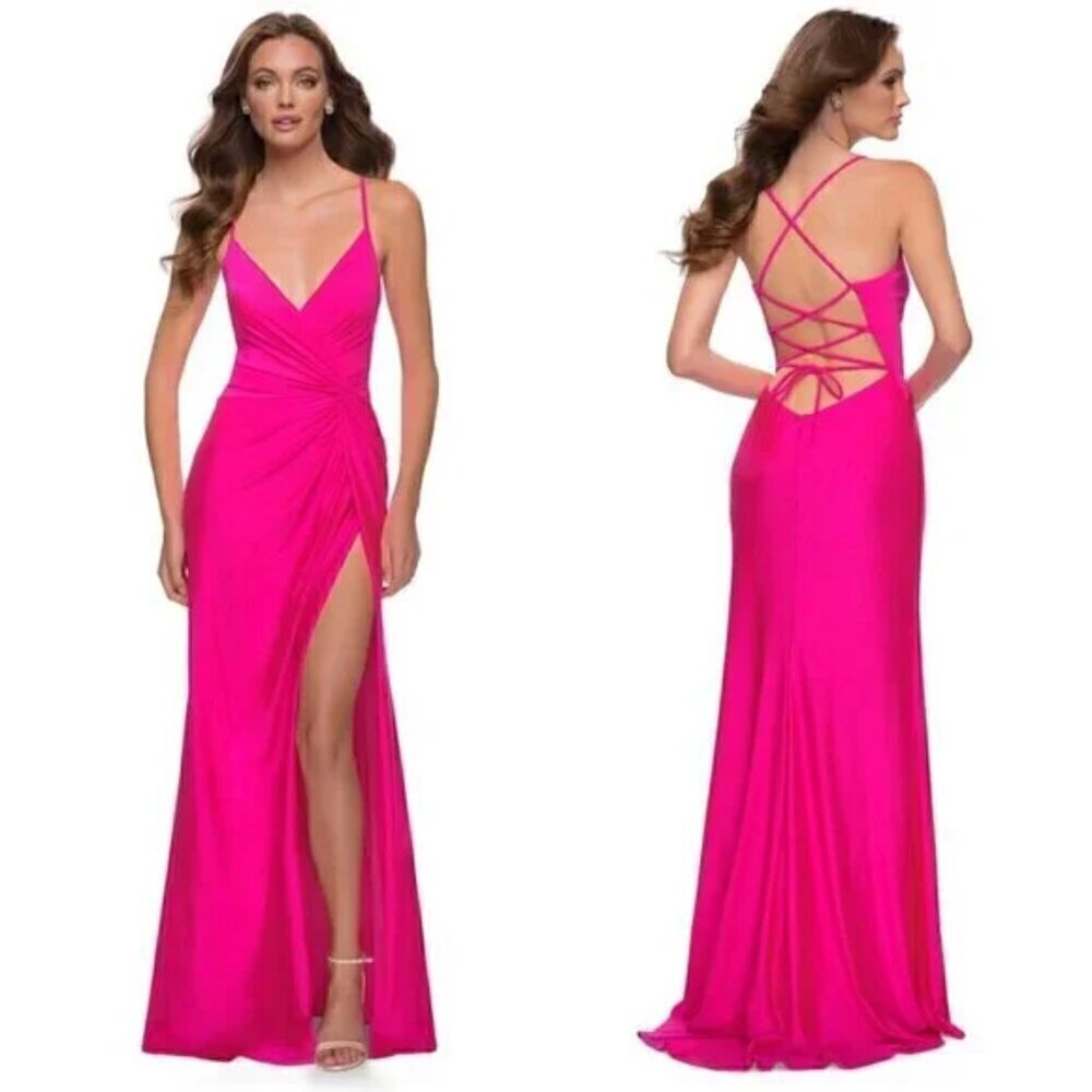 LA FEMME Strappy Back Jersey Gown in Hot Pink Size US 8